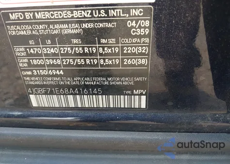 2008 Mercedes-Benz Gl 450 4Matic from USA, damaged, VIN 4JGBF71E68A416145
